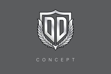 DD Creative Initial Letter Logo with Shield and Laurel Wreath Silver Metallic Branding Emblem on Gray Background.