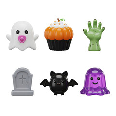 Fototapeta premium A collection of Halloween-themed toys including a ghost, pumpkin, zombie hand, bat, grave, and a jelly ghost.