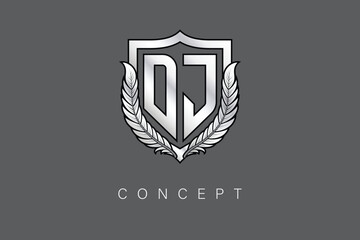 DJ Creative Initial Letter Logo with Shield and Laurel Wreath Silver Metallic Branding Emblem on Gray Background.