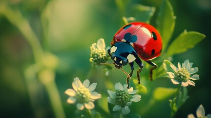 Fototapeta premium A ladybug with red and black shell on a white flower with green leaves.