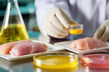 Food science laboratory analysis of raw chicken samples for quality and safety.