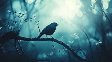 Fototapeta premium A single black bird perched on a branch in a misty forest, backlit by the sun, creating a silhouette against the blue-toned background.