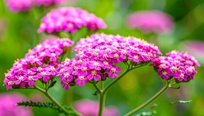 Obraz premium Vibrant clusters of magenta flowers stand out against a soft background of out-of-focus greens.