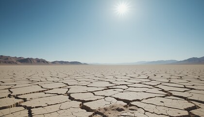 Cracked earth stretches under a bright, harsh sun in a barren, arid landscape scene.