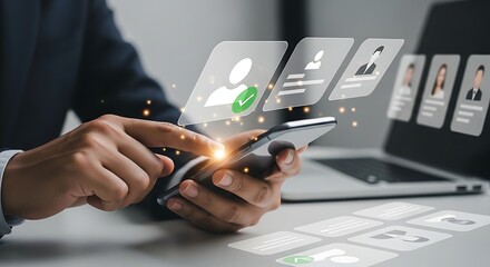 A businessman is using a smartphone to search for job applicants, and the human resources department is reviewing the applications online