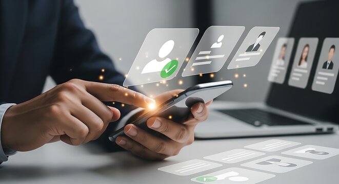 A businessman is using a smartphone to search for job applicants, and the human resources department is reviewing the applications online