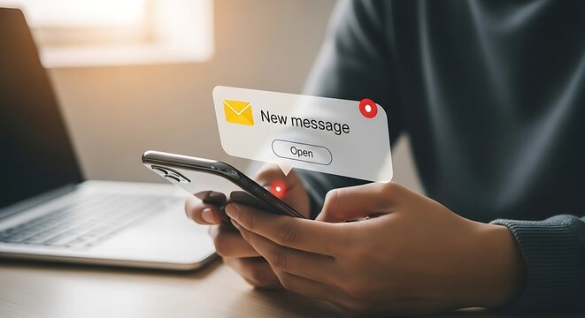 A man is using a smartphone to check his email, and he has received a new message notification on his phone screen