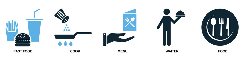set of restaurant icon vectors for food and beverage, catering, and dining themes. These modern, simple icons are perfect for menus, apps, and websites to represent various culinary concepts.