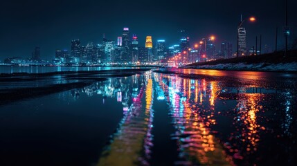 Fototapeta premium Cityscape at night reflecting on a wet road. Modern urban lifestyle backdrop