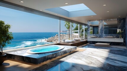 Fototapeta premium Luxury Bathroom Ocean View, Bathtub, Marble Tile Design