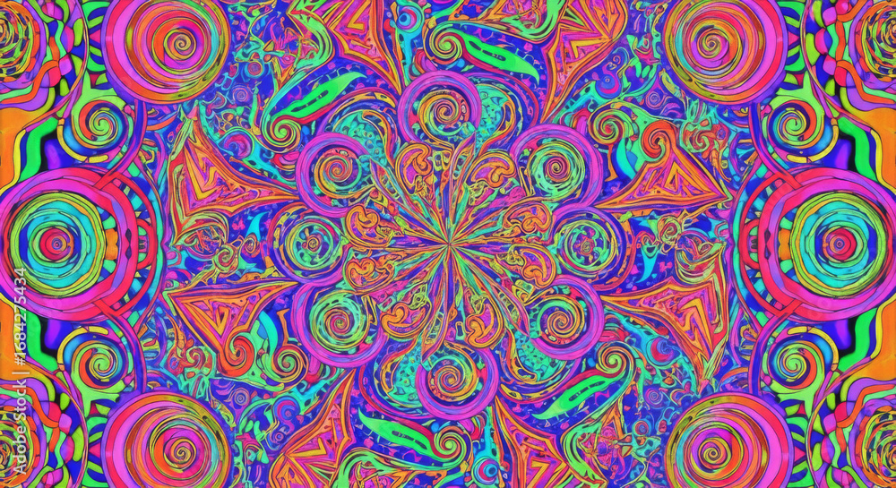 Poster a vibrant kaleidoscope of swirling colors and intricate patterns creating a mesmerizing visual exper