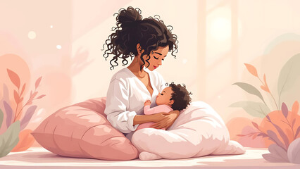 Modern vector illustration of a mother breastfeeding her baby with soft colors and minimal style, perfect for health campaigns, parenting blogs, and awareness materials