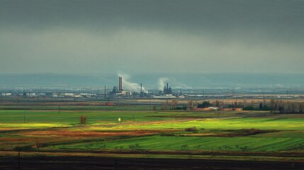 Obraz premium A vast expanse of vibrant green fields stretches toward a distant industrial complex, painted under a cloudy sky.