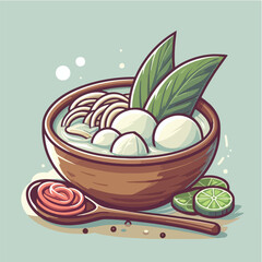 Stylized Illustration Bowl of Asian Soup Noodles with Meatball