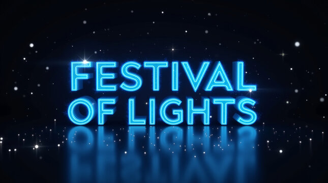 The words festival of lights in blue neon text with sparkles around it, set against a dark background, creating a festive and celebratory atmosphere for events
