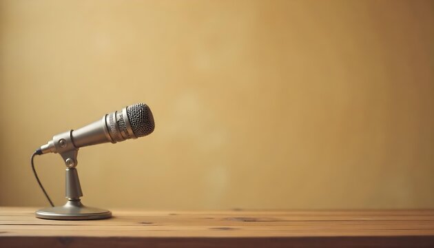 Vintage microphone resting on a wooden table, symbolizing nostalgia and the art of broadcasting for World Radio Day - Powered by Adobe