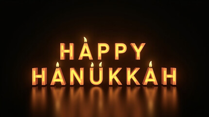 Festive 3d render of happy hanukkah text with lit candles on a dark background, perfect for holiday greetings and celebrations, evoking a warm and traditional atmosphere