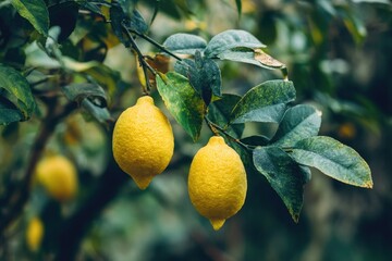 Two fresh ripe yellow lemons hanging on a leafy green tree branch in a garden.