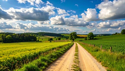 Country lane through a vibrant landscape under a partly cloudy sky
