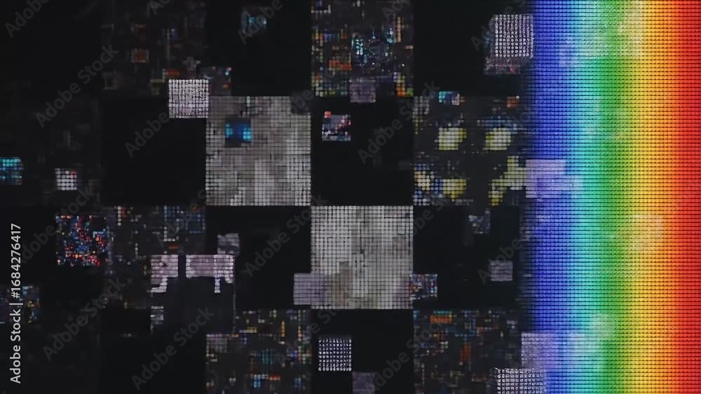 Poster abstract digital glitch effect with vibrant rainbow spectrum transitioning to fragmented cityscape.