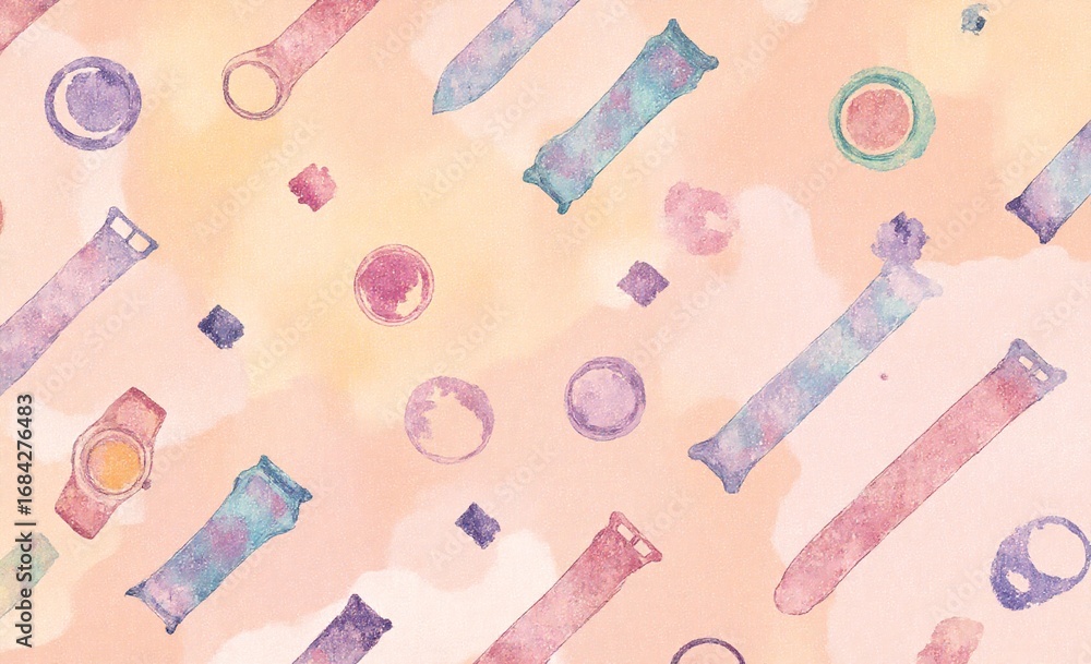 Poster soft watercolor art features a whimsical pattern of watch elements and abstract shapes. pastel color
