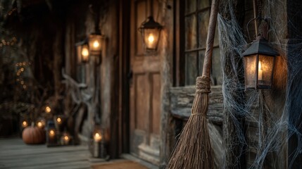 Medium shot featuring a witchs broomstick resting against an old wooden door with surrounding spider webs and glowing lanterns gently out of focus.