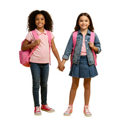 Obraz premium Two young girls are holding hands while looking at the camera and smiling, each wearing a backpack, isolated on transparent background