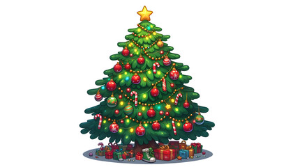 Holiday Cartoon Christmas Tree Adorned with Ornaments
