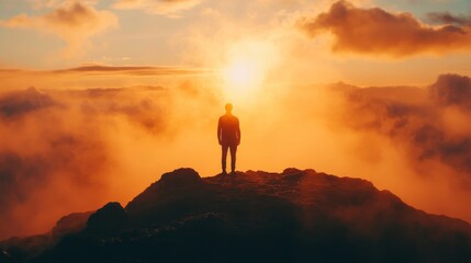 Fototapeta premium A lone man stands on a mountaintop, silhouetted against a vibrant sunset with clouds.
