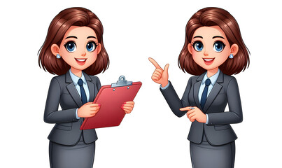 Office Cartoon Businesswoman Standing with Clipboard