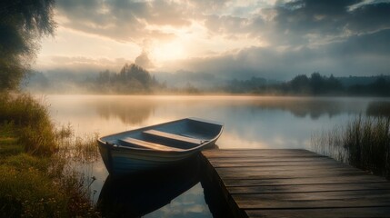 Obraz premium A small boat sits at a wooden dock on a tranquil lake with a misty sunrise and a sun-drenched sky.