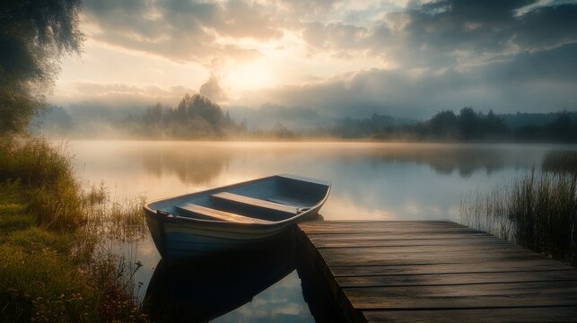 A small boat sits at a wooden dock on a tranquil lake with a misty sunrise and a sun-drenched sky. - Powered by Adobe