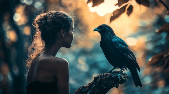 A woman looks at a crow perched on a branch in a forest, with a golden glow in the background. - Powered by Adobe