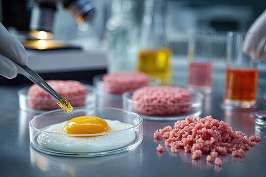 Scientist developing lab grown meat and synthetic egg in a modern laboratory.