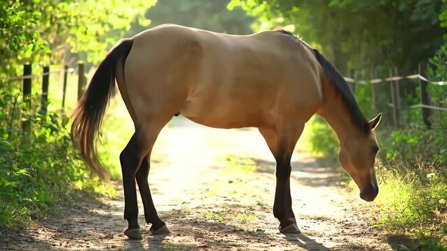 A buckskin horse stands on a dirt path, head lowered, possibly grazing, surrounded by green foliage and sunlight.