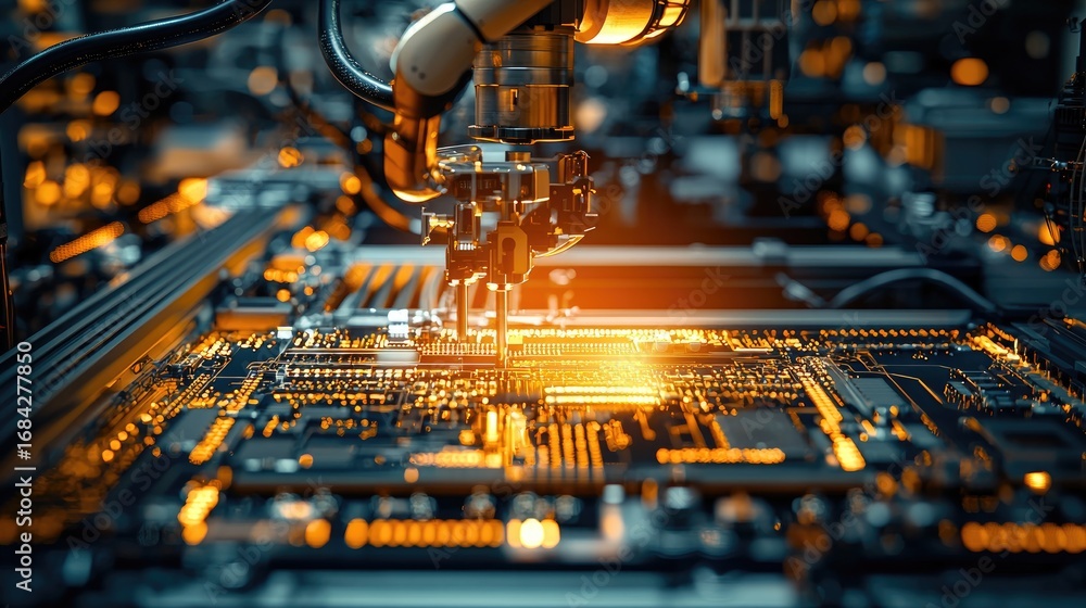 Aufkleber close-up of a glowing circuit board with intricate details and bright orange light, symbolizing adva