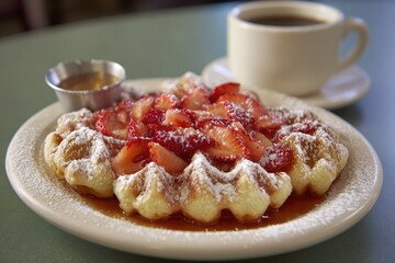 Waffles topped with sliced strawberries and powdered sugar, served with honey and coffee