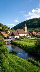 Obraz premium European Village Church Scene