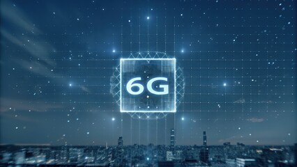 Futuristic cityscape with 6G technology overlaying the skyline.