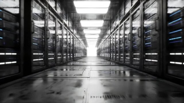 Journey through a futuristic server room, revealing glowing data racks and endless digital pathways towards bright innovation
