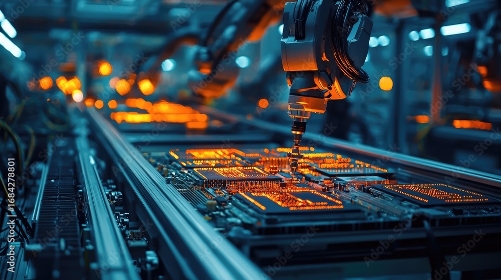 Poster automated factory production line with robotic arm.