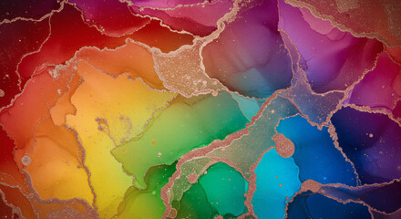 Colorful abstract background created with fluid art techniques, featuring vibrant rainbow colors blending together with shimmering gold lines