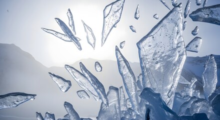Dynamic close-up of numerous sharp ice shards shattering and suspended in mid-air against a bright, hazy winter landscape with distant mountains.