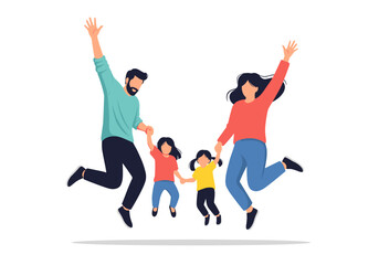 Obraz premium A happy family of four joyfully jumping together in the air celebrating life and happiness together as a unit