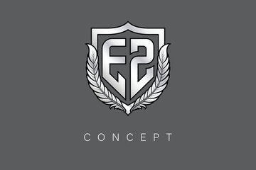 ES Creative Initial Letter Logo with Shield and Laurel Wreath Silver Metallic Branding Emblem on Gray Background.