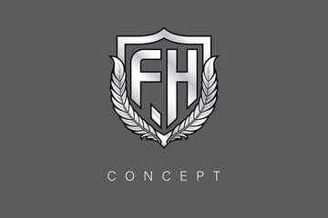 FH Creative Initial Letter Logo with Shield and Laurel Wreath Silver Metallic Branding Emblem on Gray Background.