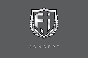 FI Creative Initial Letter Logo with Shield and Laurel Wreath Silver Metallic Branding Emblem on Gray Background.