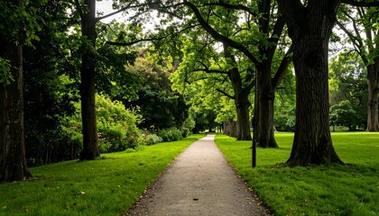 Fototapeta premium A paved pathway winds through a lush park, lined with towering trees casting dappled sunlight on the vibrant green grass.