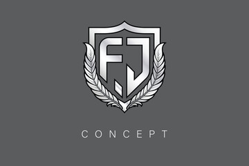 FJ Creative Initial Letter Logo with Shield and Laurel Wreath Silver Metallic Branding Emblem on Gray Background.