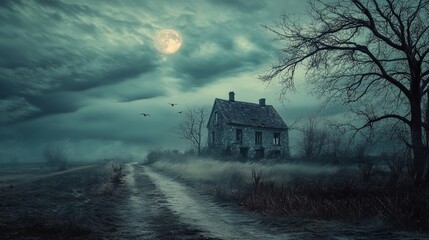 An old, abandoned house sits on a dirt road in a foggy field under a full moon.